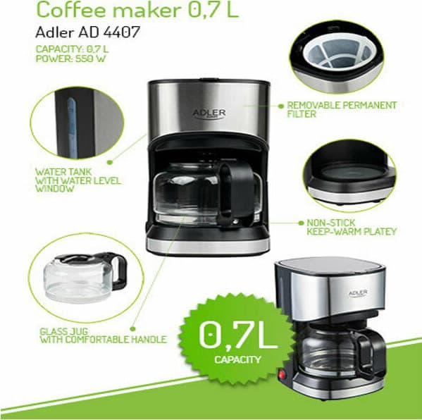 Adler AD-4407 AD 4407 Καφετιέρα Φίλτρου 550W Silver 12