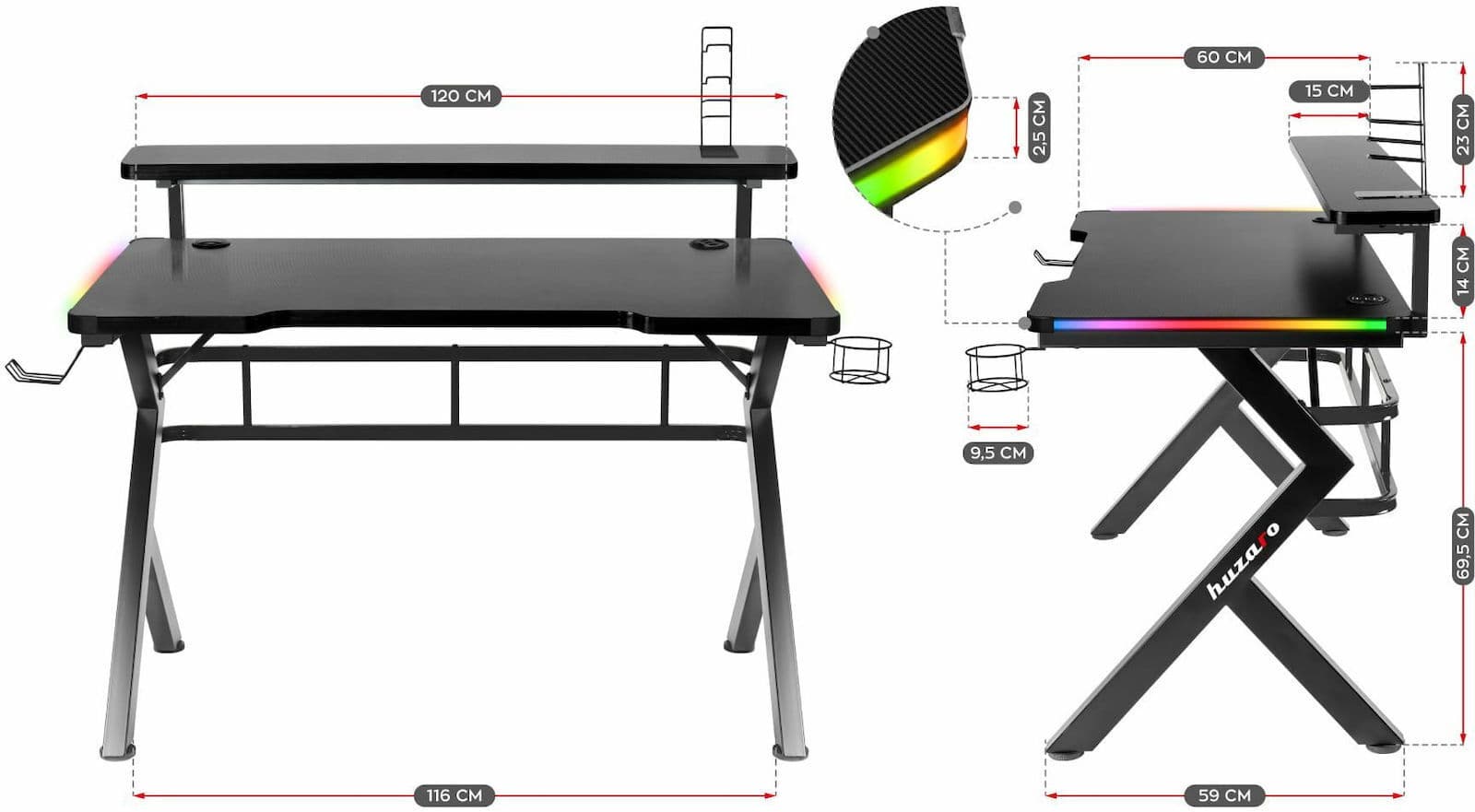 Γραφείο Gaming Hero 5.0 Ξύλινο Black με Μεταλλικά Πόδια, LED & USB θύρες 120x59x112εκ. 5