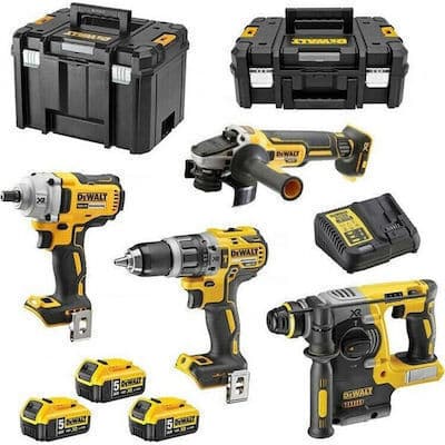 DEWALT DCK422P3T Σετ Γωνιακός Τροχός, Κρουστικό Δραπανοκατσάβιδο, Μπουλονόκλειδο & Πιστολέτο 18V με 3 Μπαταρίες 5Ah και Θήκη 2