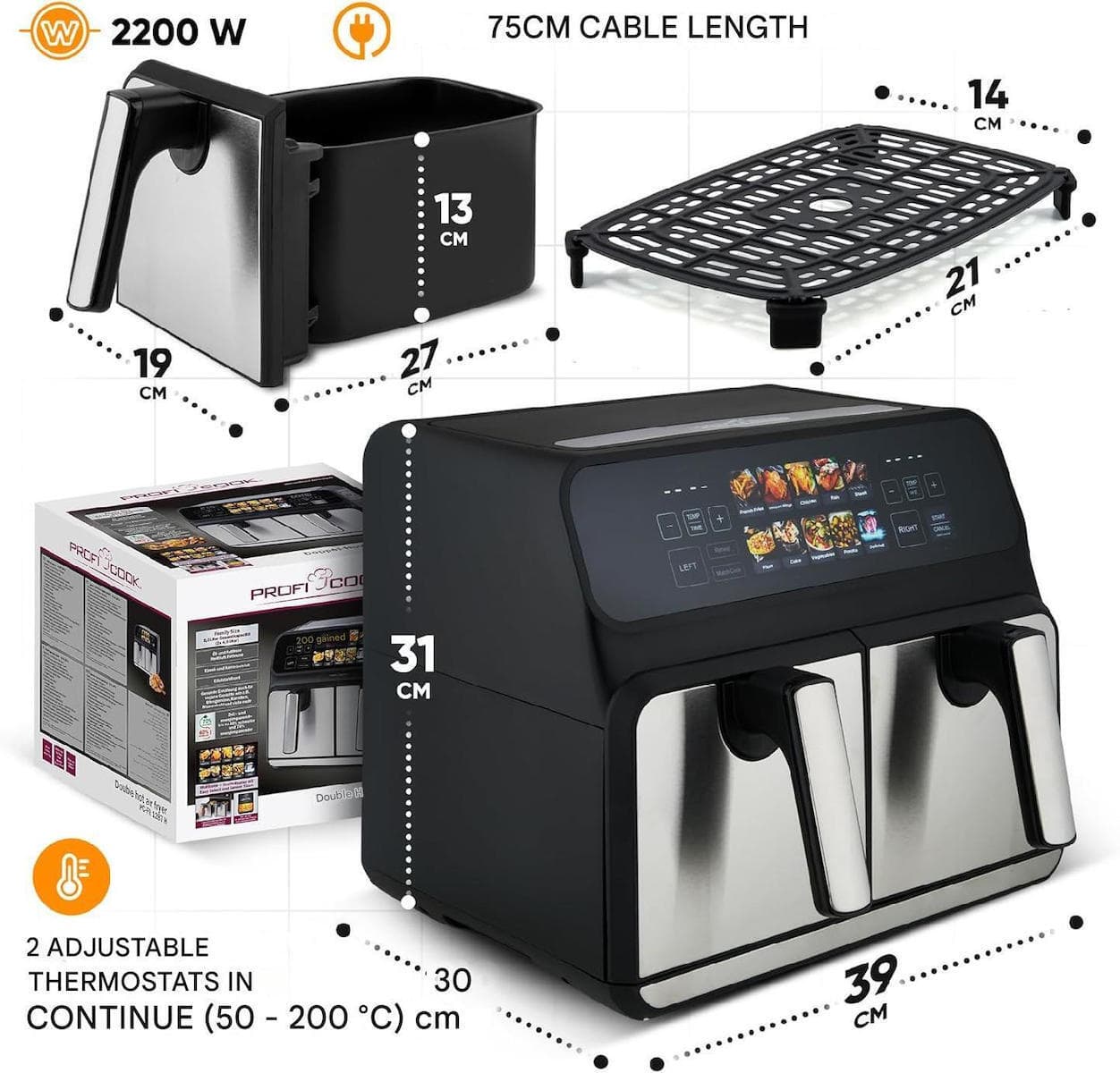 Profi Cook Air Fryer με Διπλό Αποσπώμενο Κάδο 8lt Μαύρο 5