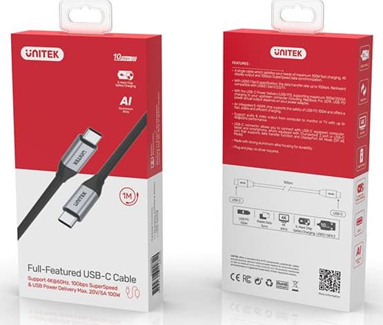 Unitek USB 3.2 Video Cable USB-C male - USB-C 100W Μαύρο 1m C14082ABK 4