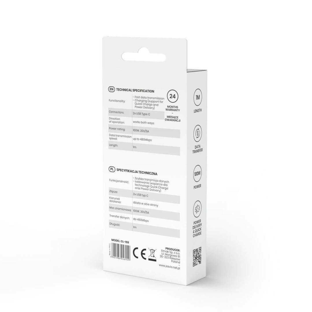 Savio USB 2.0 Cable USB-C male - USB-C 100W PD Μαύρο 1m CL-159 4