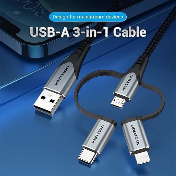 Vention Braided USB to micro USB / Type-C / Lightning Cable 2A Γκρι 1m CQJHF 2