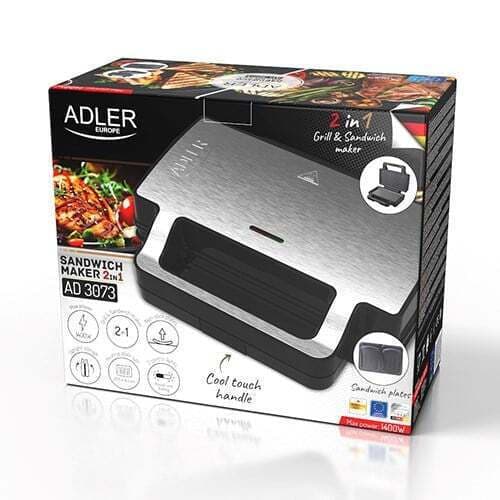 Adler Τοστιέρα με Αποσπώμενες Πλάκες για 2 Τοστ 1000W Inox AD 3073 14
