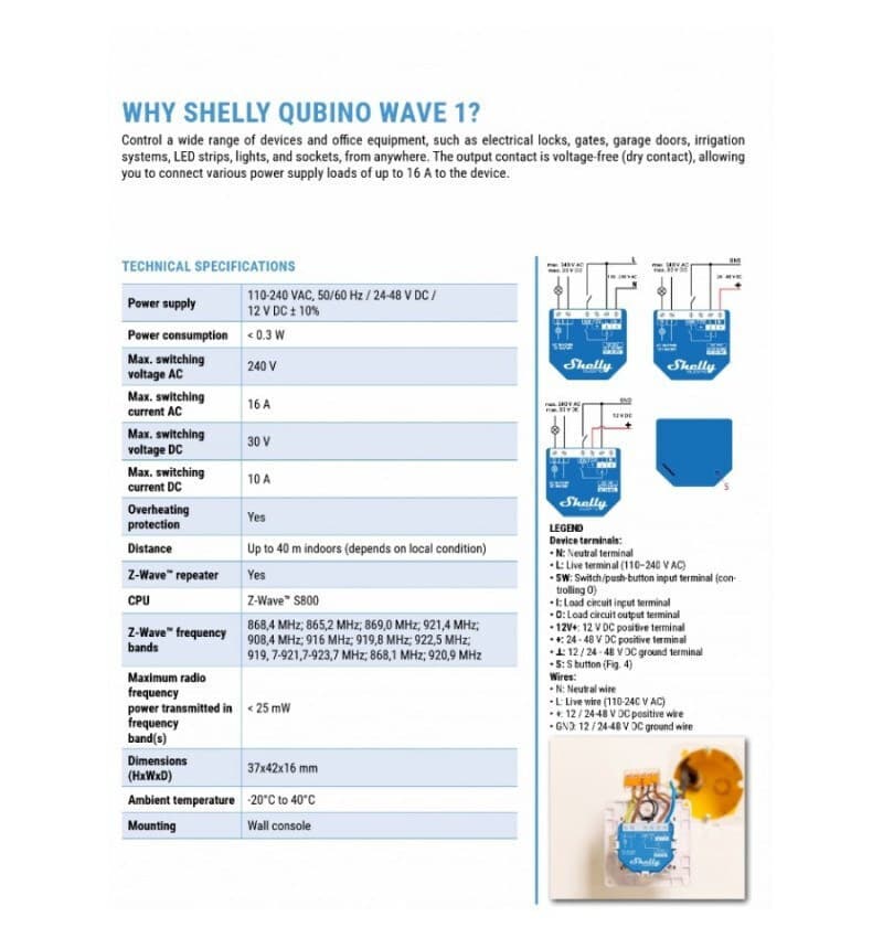 Shelly Qubino Wave 1 Smart Switch 1 Καναλιού Wi-Fi, Z-Wave & RF 16A SHELLY_W_1 10