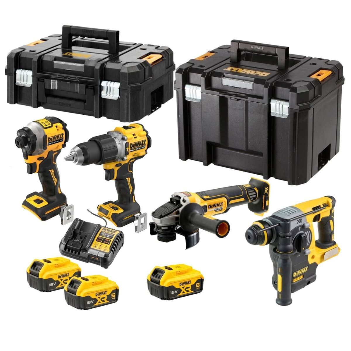 DEWALT DCK429P3T Σετ Γωνιακός Τροχός, Δραπανοκατσάβιδο, Κατσαβίδι & Σκαπτικό 18V με 3 Μπαταρίες 5Ah και Θήκη 3