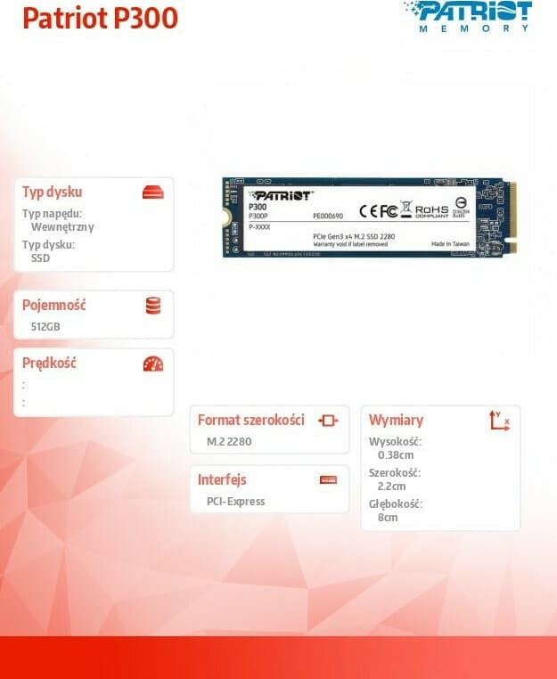 Patriot P300 SSD 512GB τύπου M.2 με σύνδεση PCI Express 3.0 P300P512GM28 7