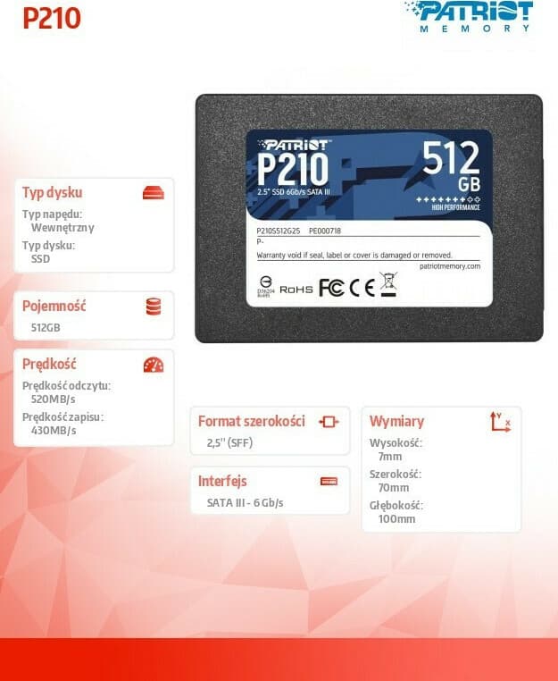 Patriot P210 SSD 512GB τύπου 2.5'' με σύνδεση SATA III P210S512G25 Bulk 4