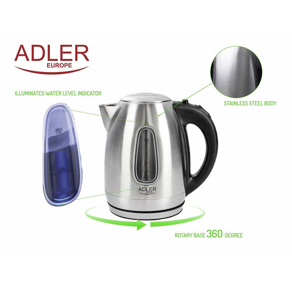 Adler Βραστήρας 1.7lt 2200W Μαύρος AD 1223 7