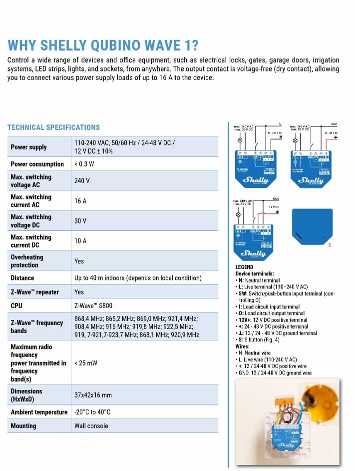 Shelly Qubino Wave 1 Smart Switch 1 Καναλιού Wi-Fi, Z-Wave & RF 16A SHELLY_W_1 11