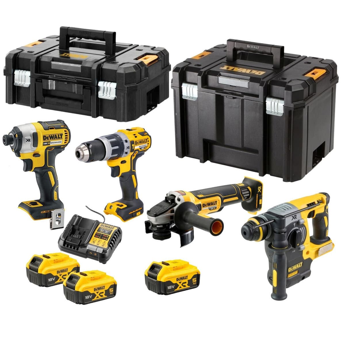 DEWALT DCK422P3T Σετ Γωνιακός Τροχός, Κρουστικό Δραπανοκατσάβιδο, Μπουλονόκλειδο & Πιστολέτο 18V με 3 Μπαταρίες 5Ah και Θήκη 4