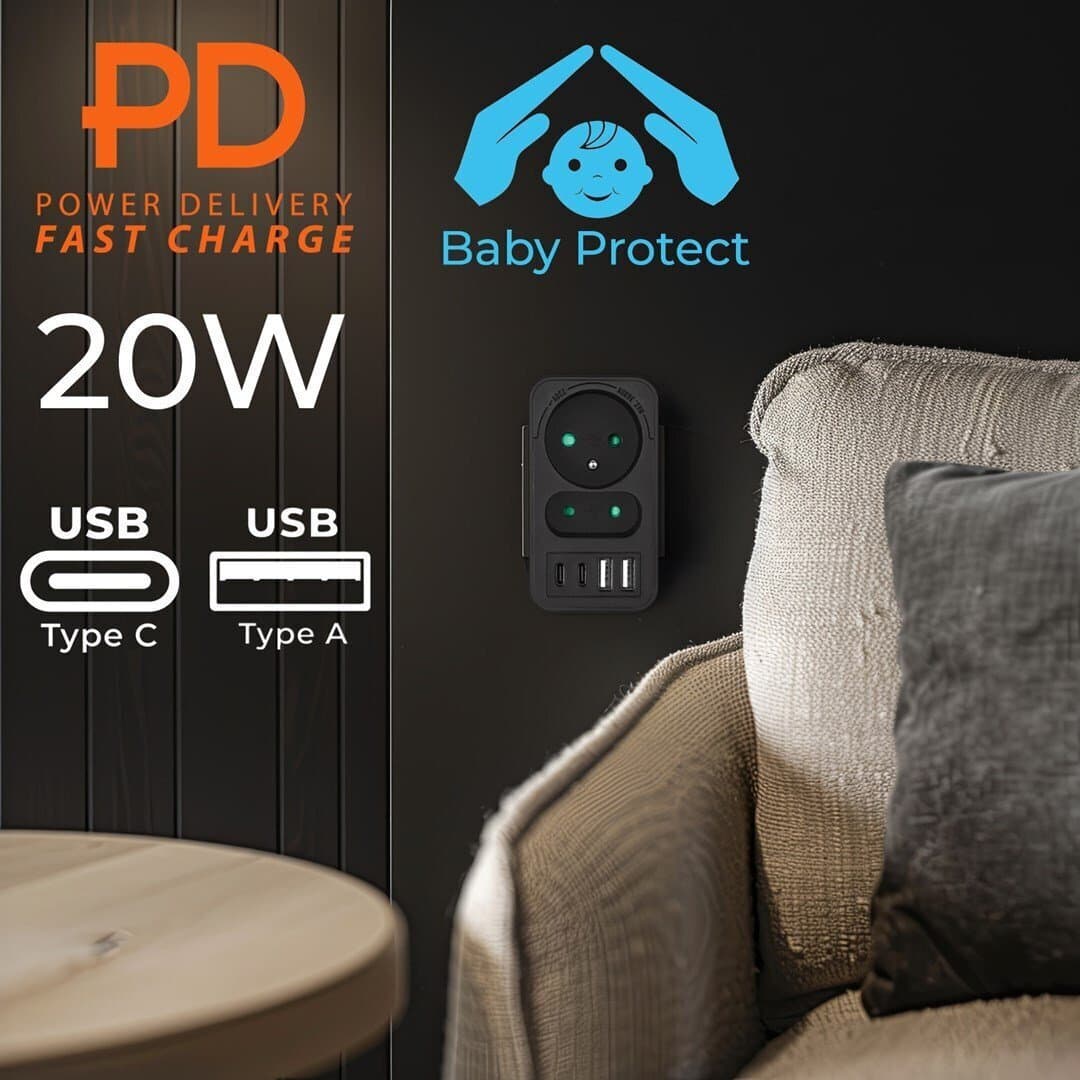 Maclean Energy Πολύπριζο 2 Θέσεων με 2 USB-A και 2 USB-C Χωρίς Καλώδιο Γαλλίας (Type E) MCE249 2