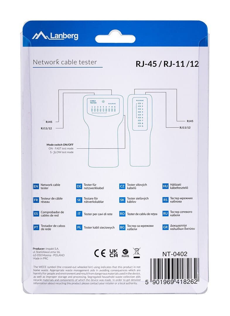 Lanberg NT-0402 Tester Καλωδίων Δικτύου RJ11 / RJ45 5