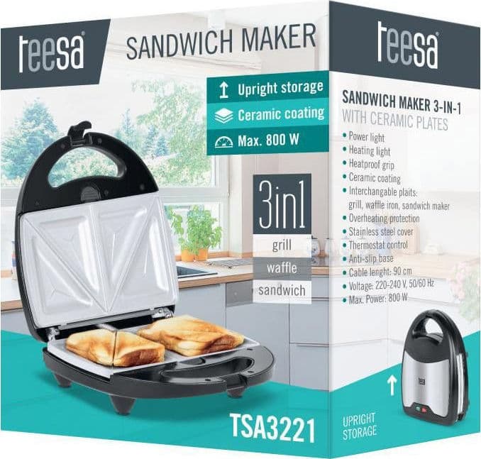Teesa Τοστιέρα με Αποσπώμενες Πλάκες για 2 Τοστ 800W Inox TSA3221 7