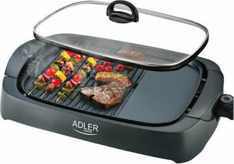 Adler AD-6610 Επιτραπέζια Ηλεκτρική Ψησταριά Σχάρας και Λείας Πλάκας 3000W με Καπάκι και Ρυθμιζόμενο Θερμοστάτη 40x30εκ. AD 6610