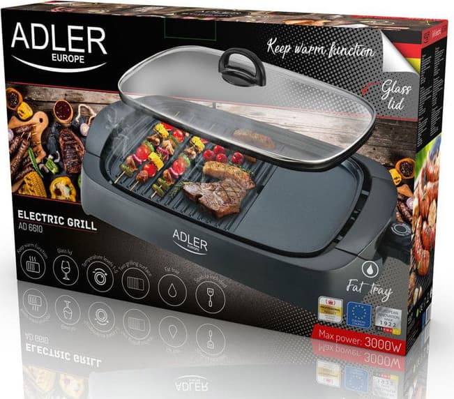 Adler AD-6610 Επιτραπέζια Ηλεκτρική Ψησταριά Σχάρας και Λείας Πλάκας 3000W με Καπάκι και Ρυθμιζόμενο Θερμοστάτη 40x30εκ. AD 6610 9