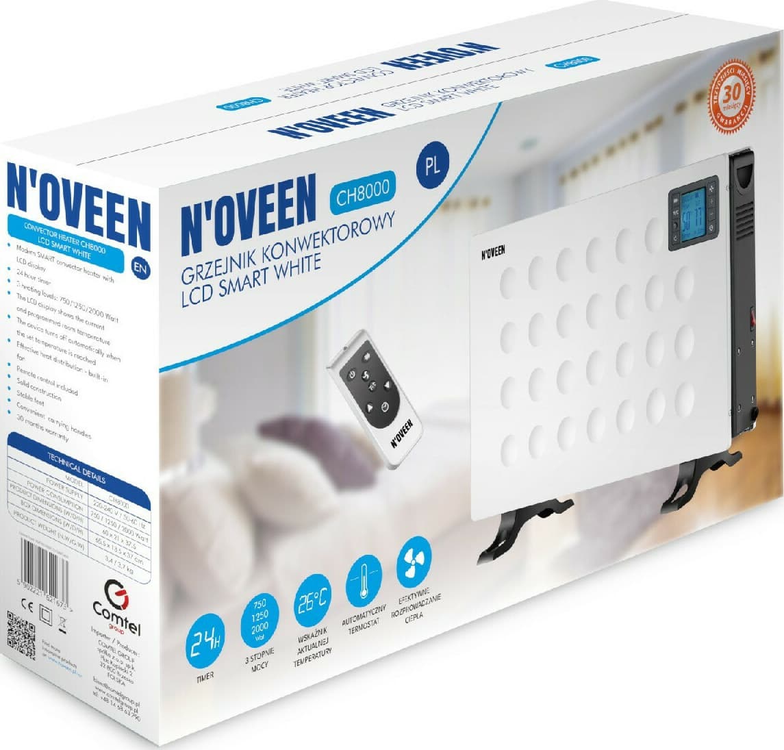 N'Oveen CH8000 Θερμοπομπός Δαπέδου 2000W με Ηλεκτρονικό Θερμοστάτη 60x37.5cm Λευκός 8