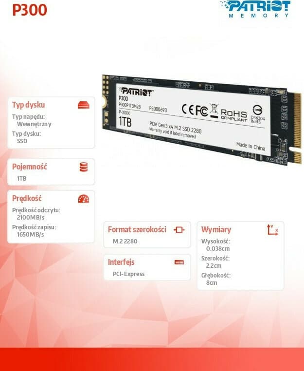 Patriot P300 SSD 1TB τύπου M.2 με σύνδεση PCI Express 3.0 P300P1TBM28 5