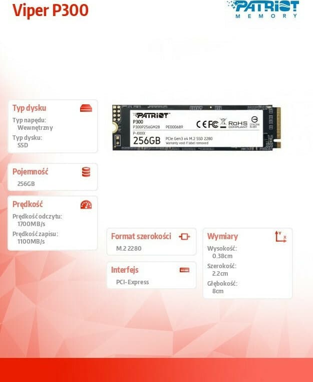 Patriot P300 SSD 256GB τύπου M.2 με σύνδεση PCI Express 3.0 P300P256GM28 5
