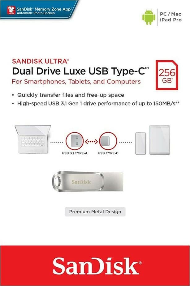 Sandisk Ultra Dual Drive Luxe 256GB USB 3.1 Stick με σύνδεση USB-C & USB-A Ασημί 7
