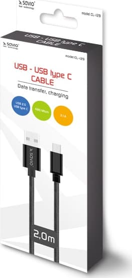 Savio Braided USB 2.0 Cable USB-C male - USB-A Μαύρο 2m CL-129 3
