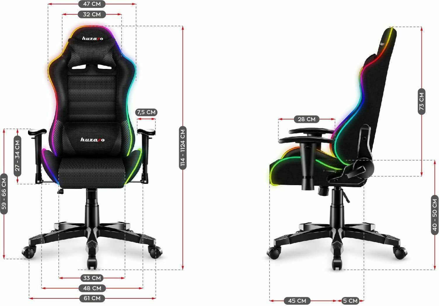 Huzaro Ranger 6.0 Child RGB Mesh Καρέκλα Gaming Δερματίνης με Ρυθμιζόμενα Μπράτσα και RGB Φωτισμό Μαύρη 3