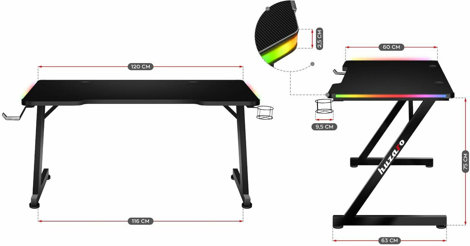 Γραφείο Gaming Hero 2.5 RGB Ξύλινο Μαύρο με Μεταλλικά Πόδια & LED 120x60x75εκ. 5