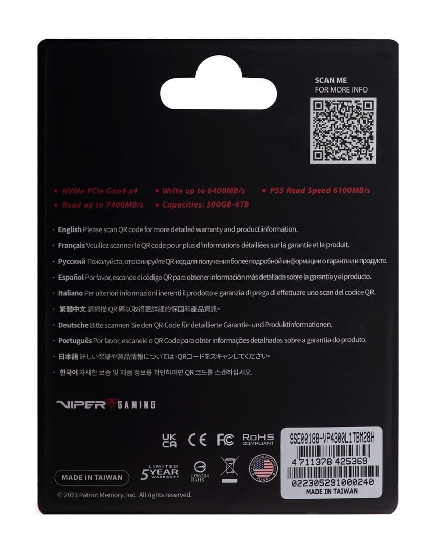 Patriot VP4300 Lite SSD 1TB τύπου M.2 με σύνδεση PCI Express 4.0 (PS5 Compatible) VP4300L1TBM28H 4