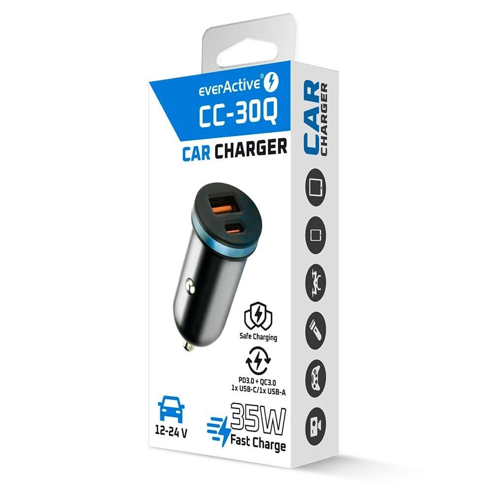 EverActive Φορτιστής Αυτοκινήτου 35W με Θύρες: 1xUSB-A 1xType-C CC-30Q 6