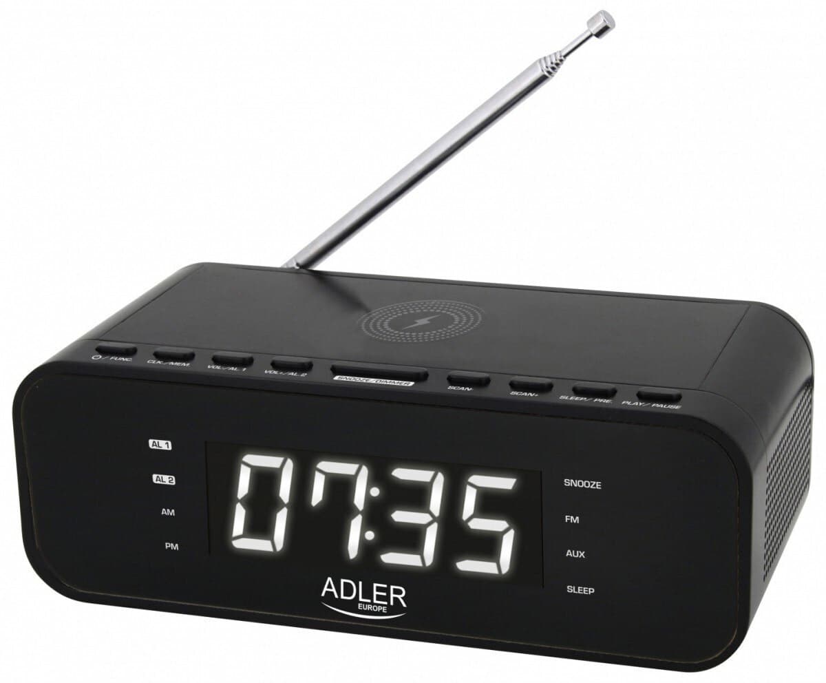 Adler AD 1192B Επιτραπέζιο Ψηφιακό Ρολόι LED Πλαστικό με Ξυπνητήρι, Ραδιόφωνο & Ασύρματη Φόρτιση Μαύρο AD 1192b